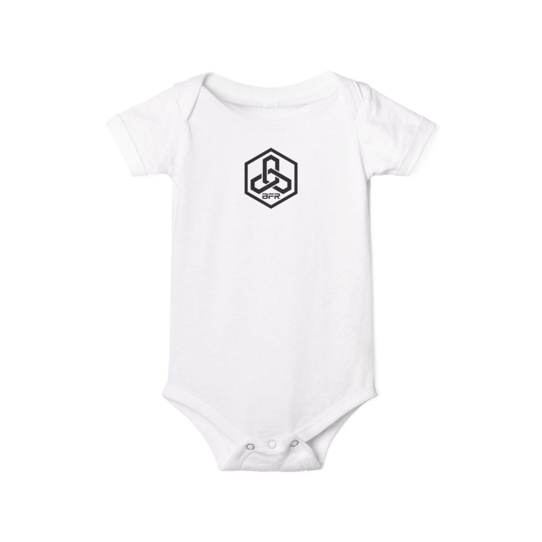 White baby onesie with black hexagon logo.