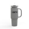 Gray travel mug with handle and straw.