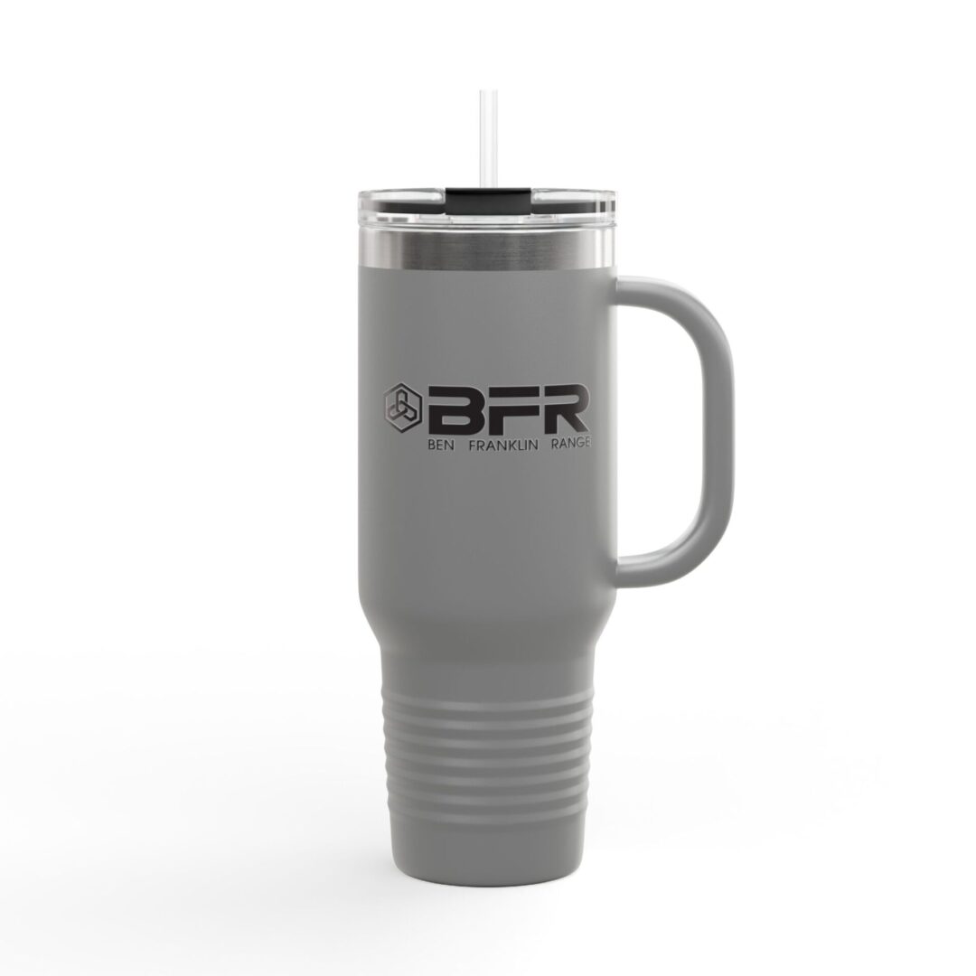 Gray travel mug with handle and straw.