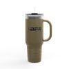 Olive travel mug with lid and straw.