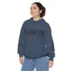 Woman wearing blue Ben Franklin Range hoodie.