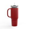 Red insulated mug with lid and straw.