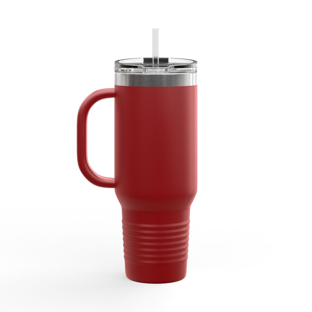 Red insulated mug with lid and straw.