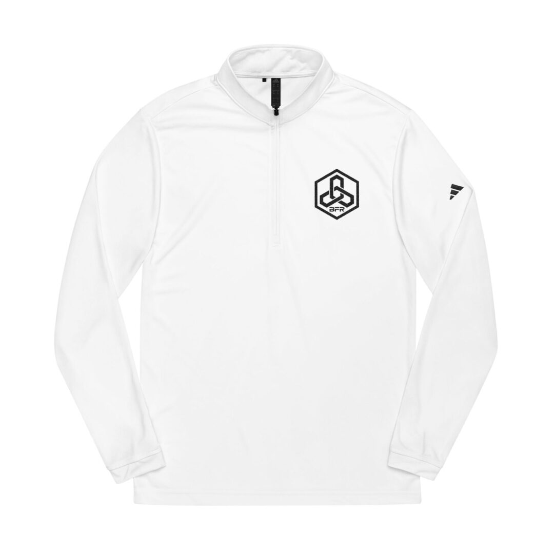 White long-sleeve shirt with logo design.