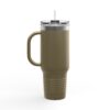 Olive green tumbler with handle and straw.