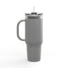 Gray insulated tumbler with a handle.