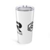 White travel mug with black logo design.