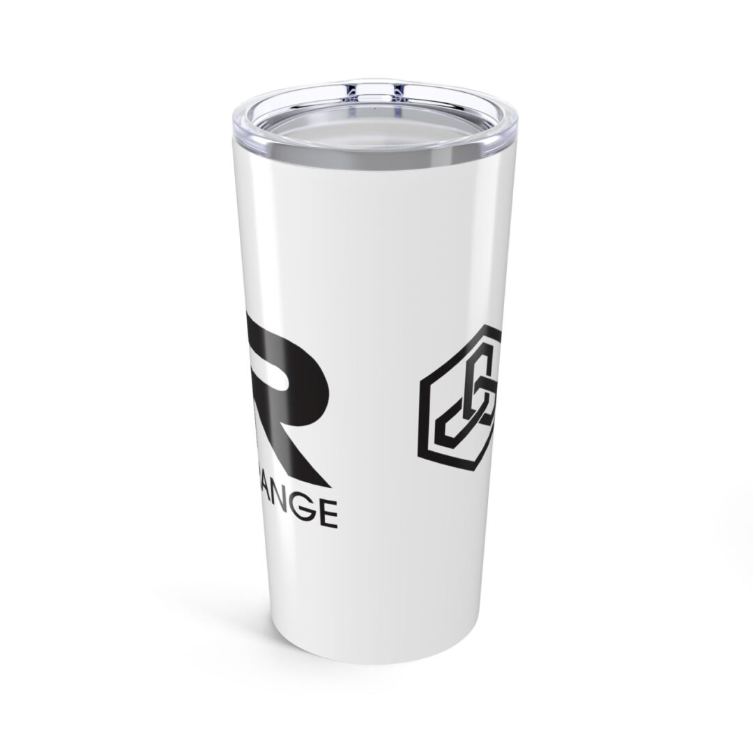White travel mug with black logo design.