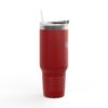 Red insulated tumbler with a straw.