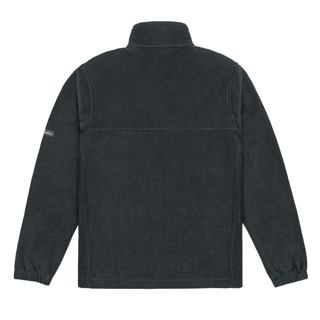Black fleece jacket viewed from the back.