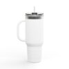 White insulated tumbler with handle and straw.