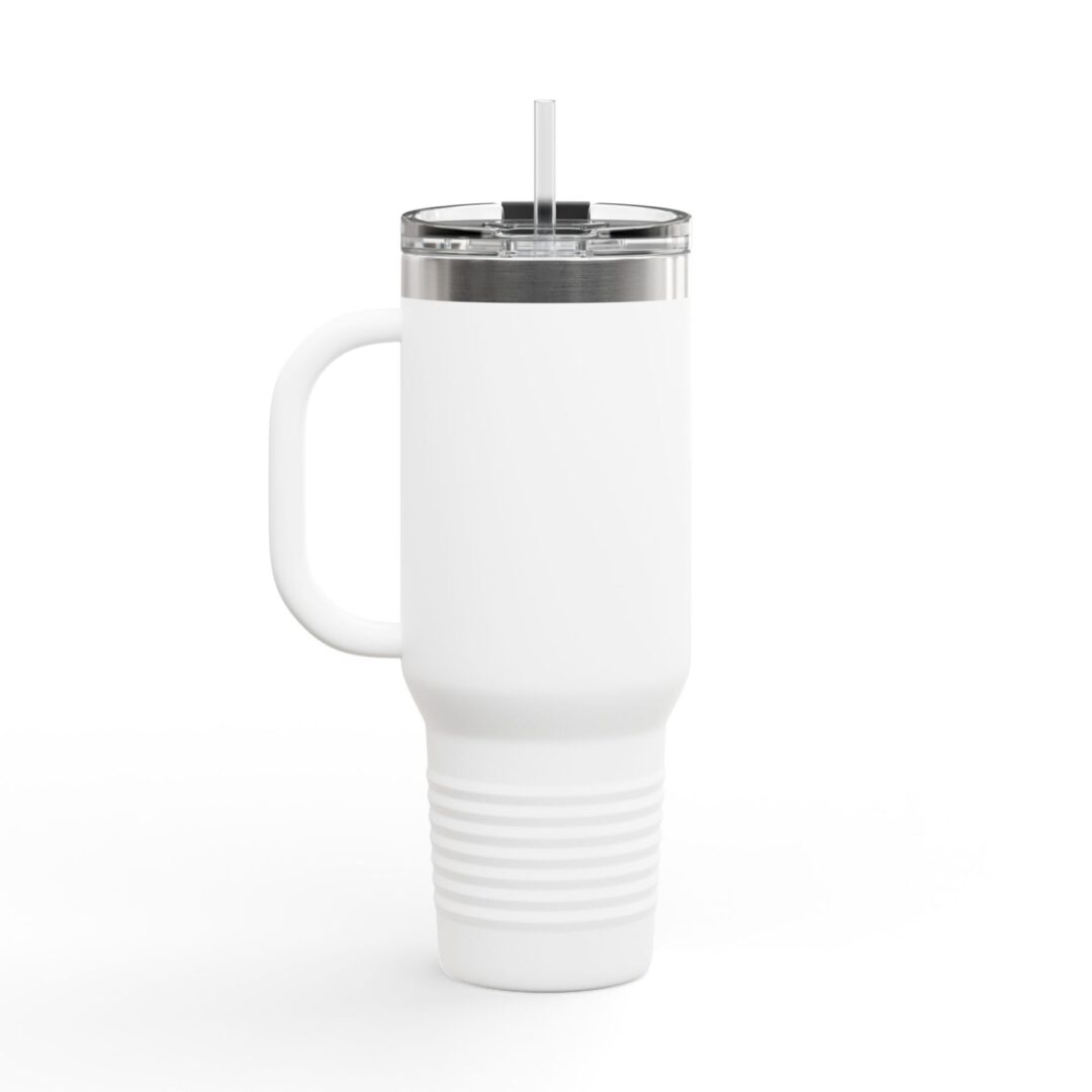 White insulated tumbler with handle and straw.