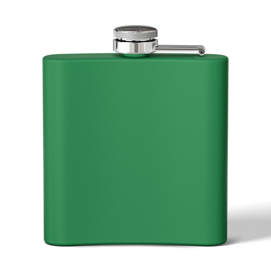 Green hip flask with silver cap.