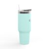 Light blue tumbler with straw and lid.