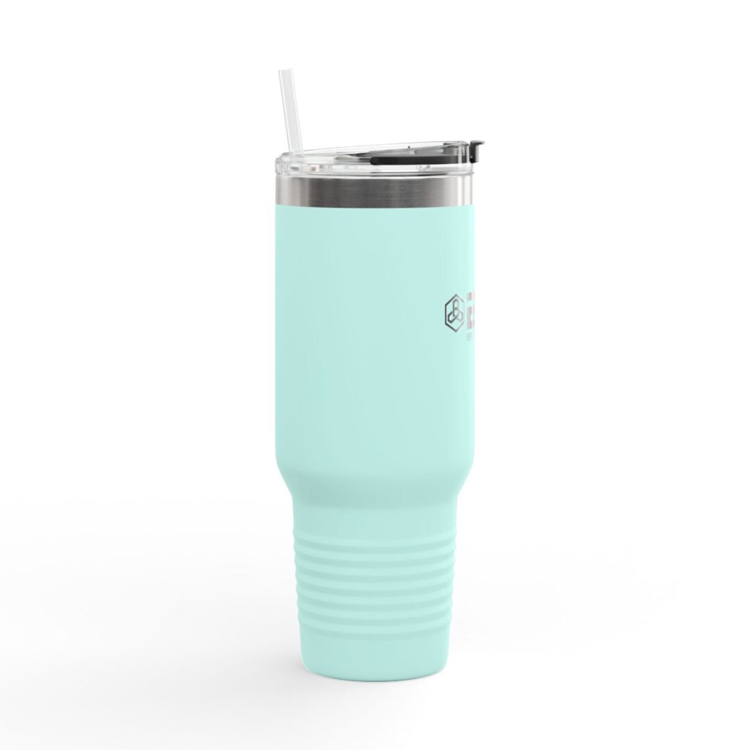 Light blue tumbler with straw and lid.