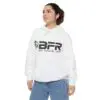 Person wearing white BFR hoodie, blue jeans.