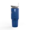 Blue travel mug with handle and straw.