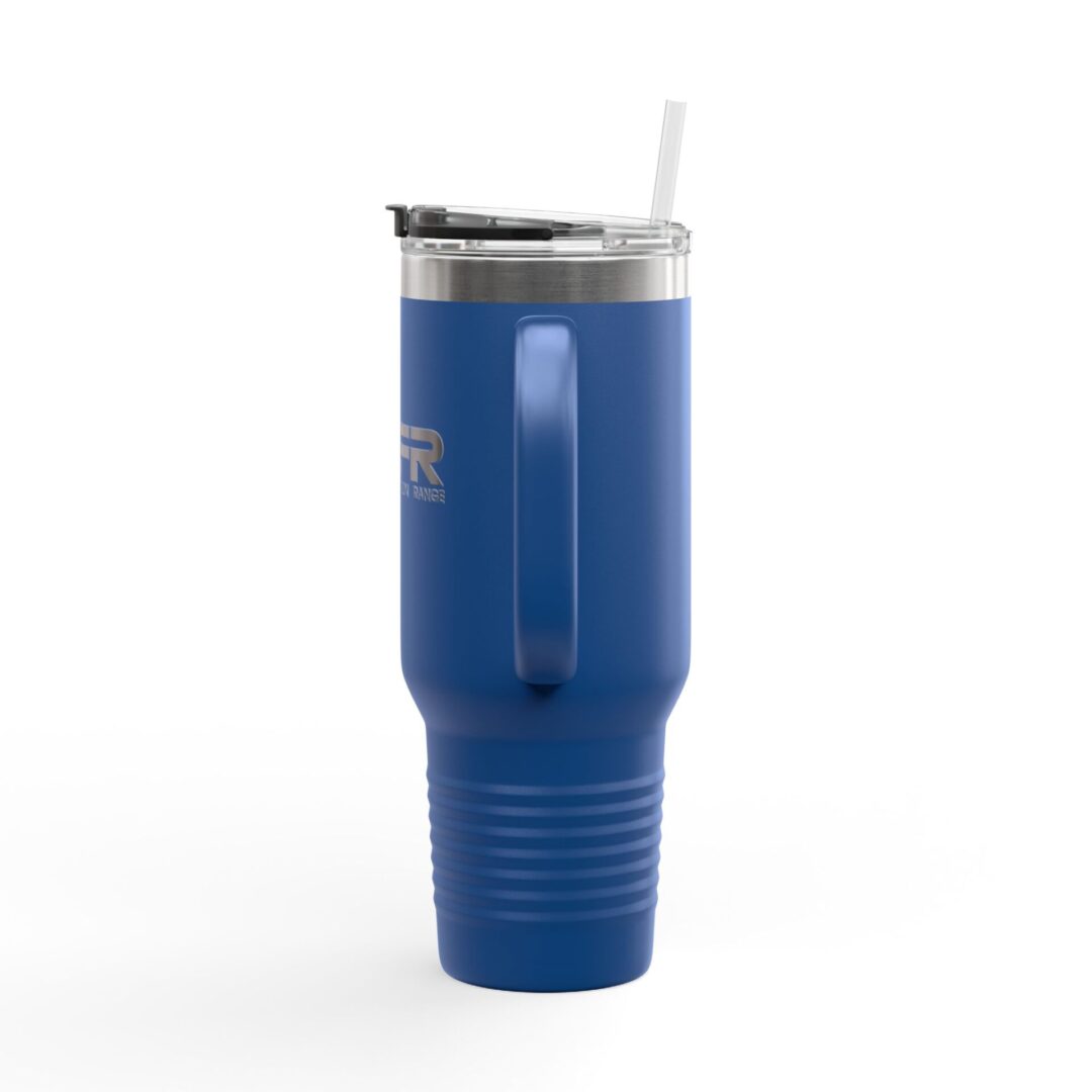 Blue travel mug with handle and straw.