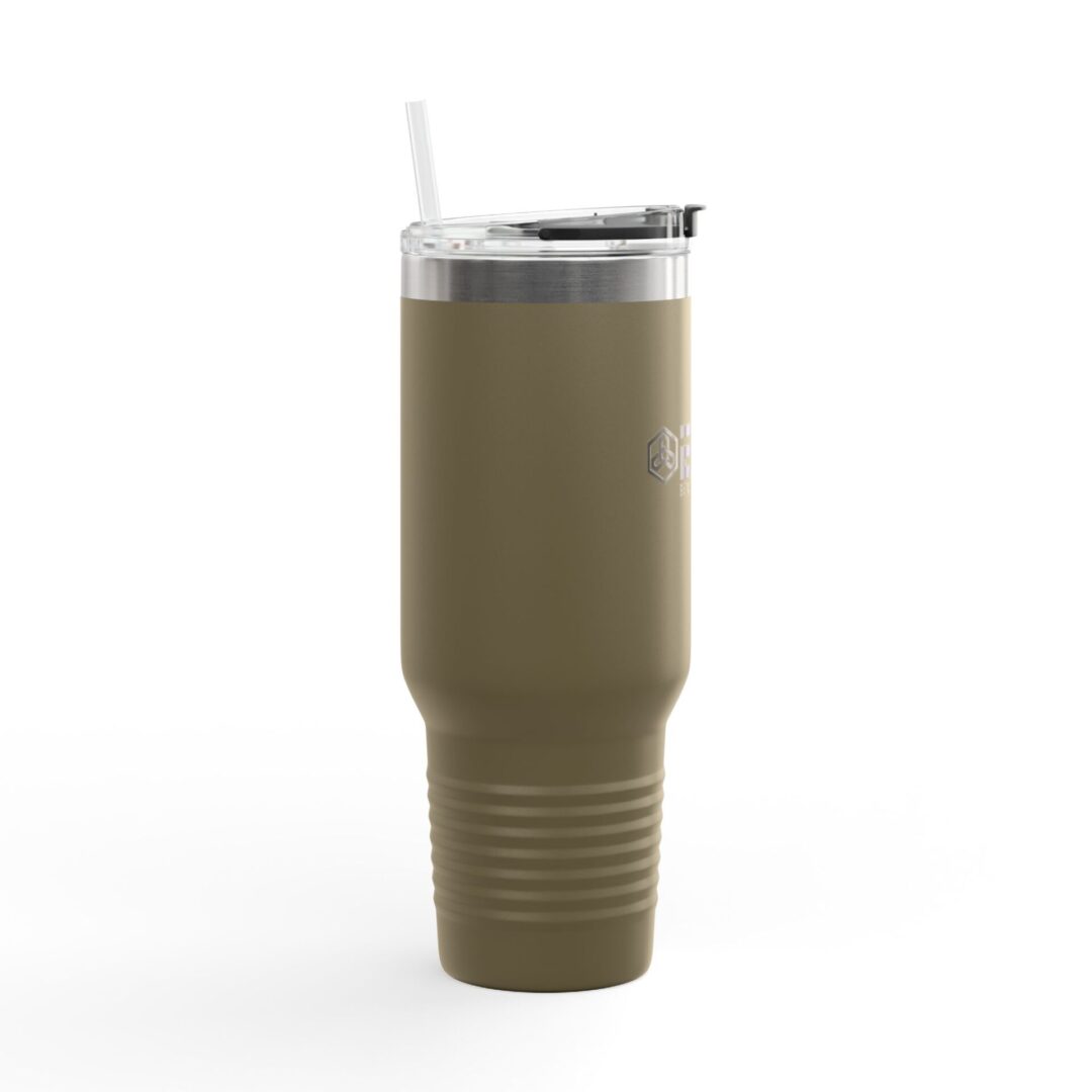 Olive green tumbler with clear straw lid.