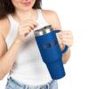 Woman holding blue insulated travel mug.