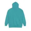 Teal hoodie with hood up, back view.
