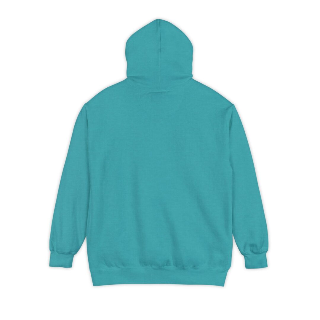 Teal hoodie with hood up, back view.