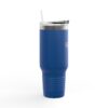 Blue insulated tumbler with straw, white background.