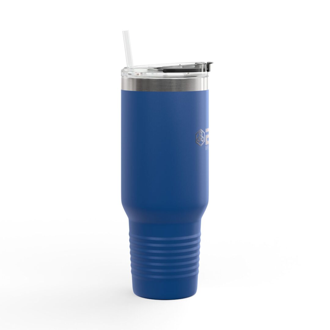 Blue insulated tumbler with straw, white background.