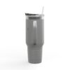 Gray insulated travel mug with handle.