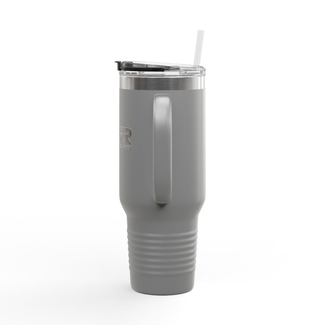 Gray insulated travel mug with handle.