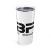 White tumbler with bold black logo.