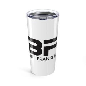 White tumbler with bold black logo.