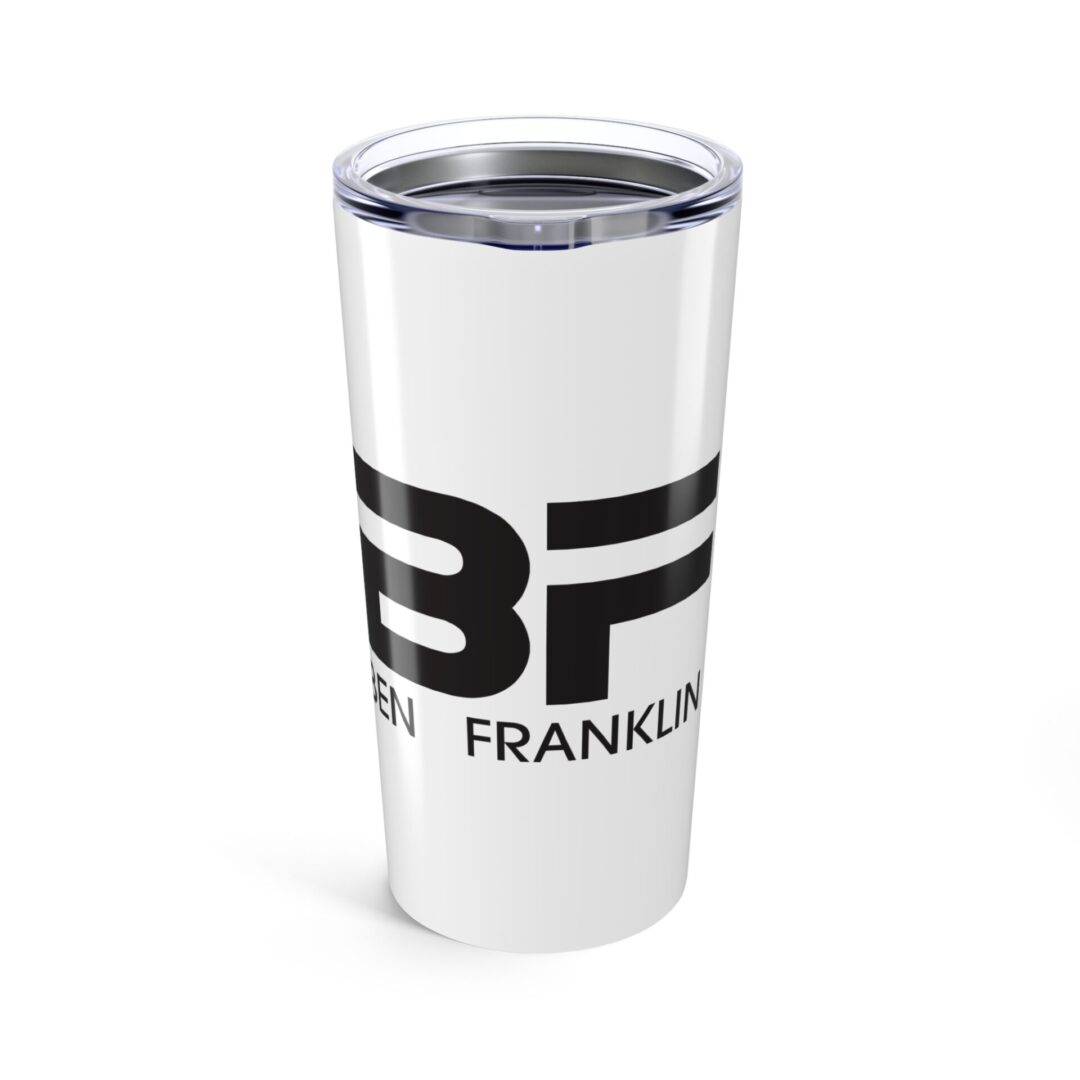 White tumbler with bold black logo.