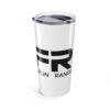 White travel mug with black Franklin Range logo.