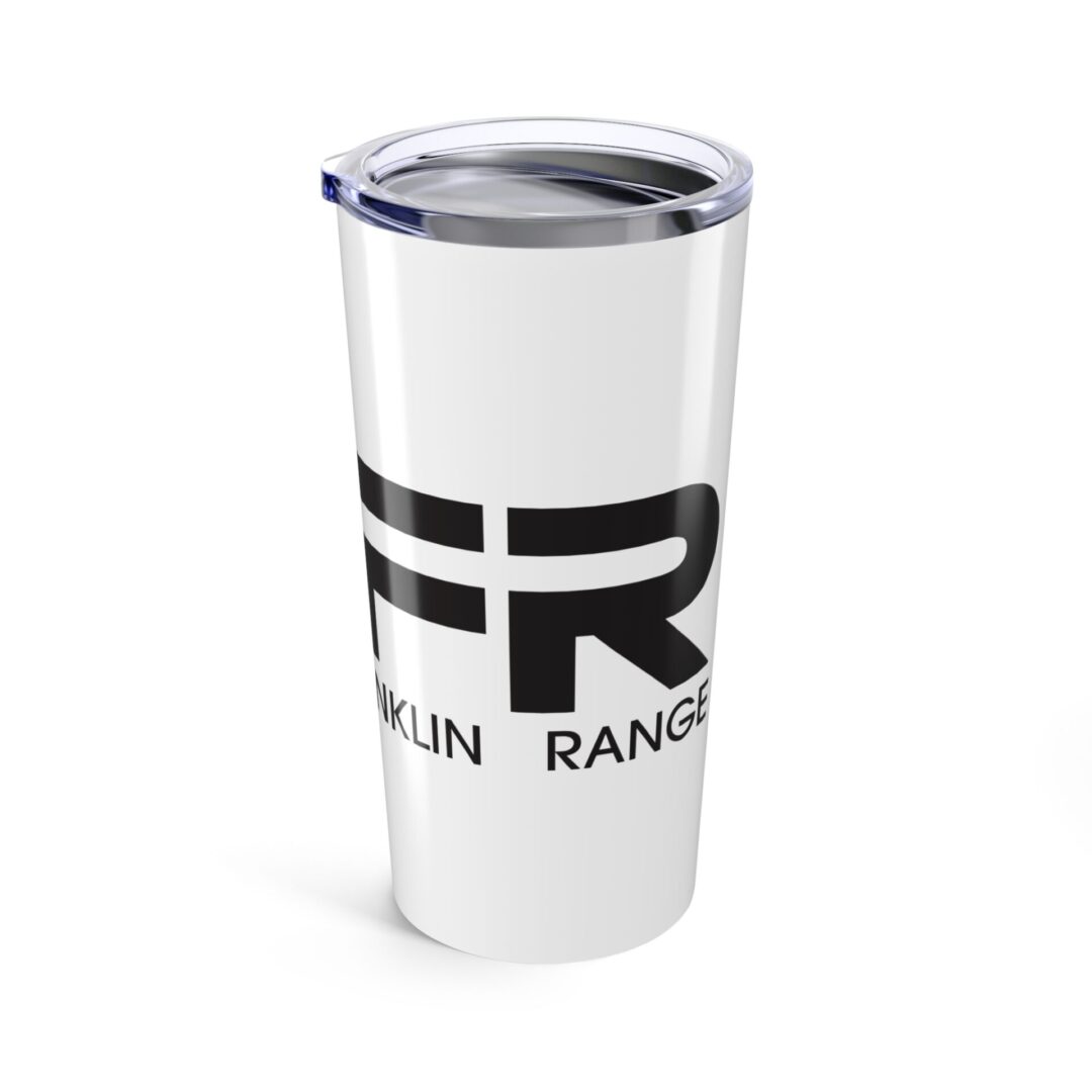 White travel mug with black Franklin Range logo.