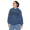 Woman wearing blue hoodie with BFR logo.