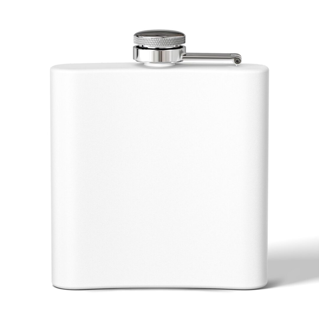 White flask with silver cap on display.