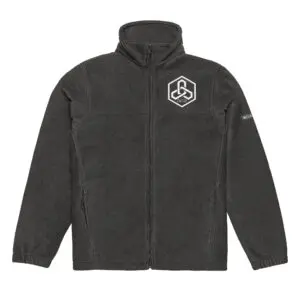 Black fleece jacket with embroidered logo.