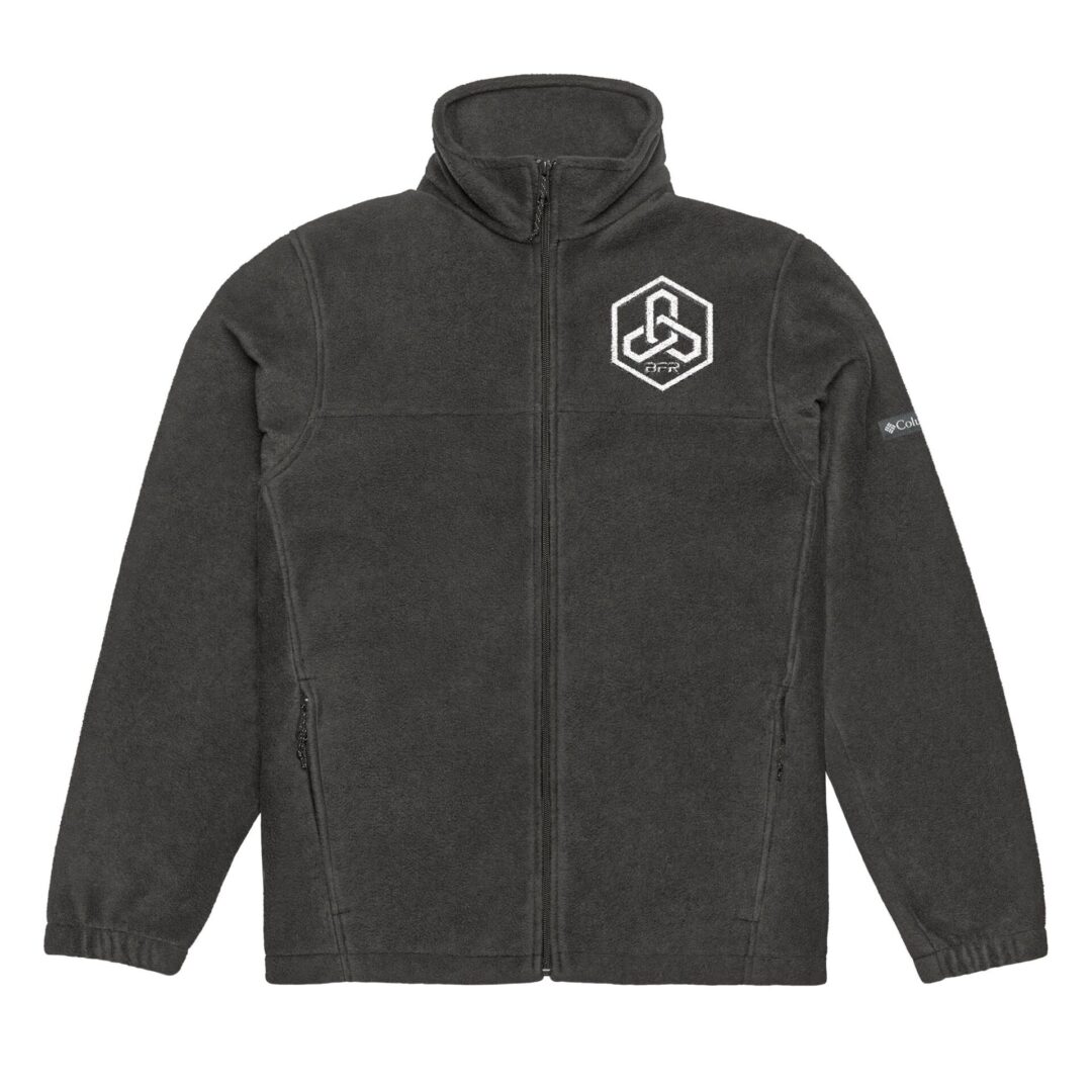 Black fleece jacket with embroidered logo.