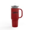 Red insulated travel mug with handle.