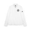 White long-sleeve shirt with black logos.
