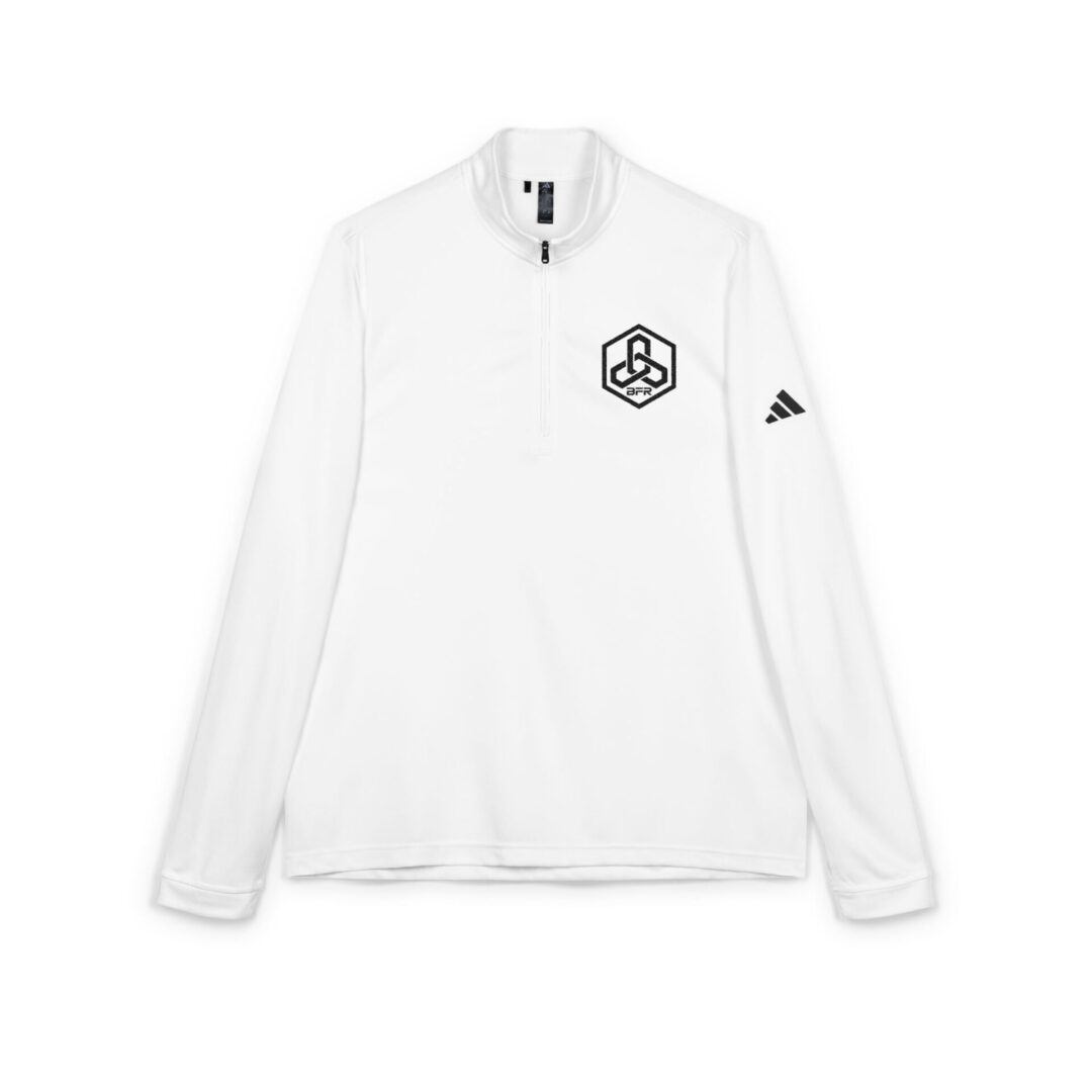White long-sleeve shirt with black logos.