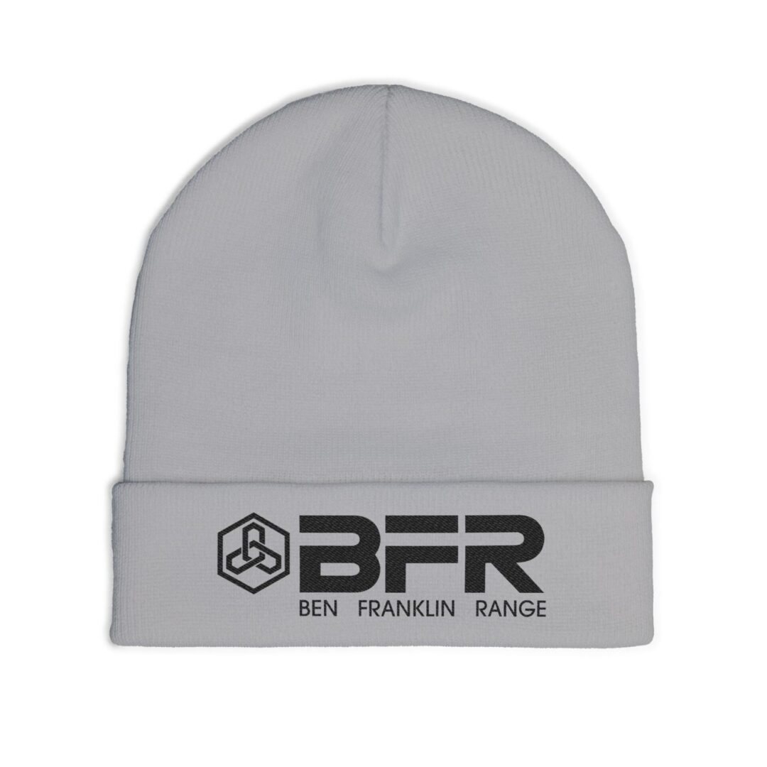 White beanie with BFR logo design.