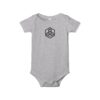 Gray baby onesie with black geometric logo.