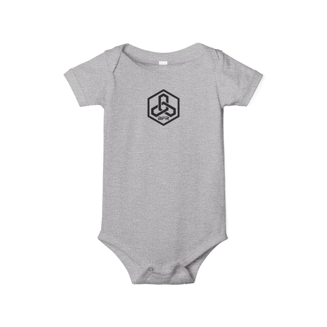 Gray baby onesie with black geometric logo.
