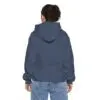 Child in blue hoodie and jeans, rear view.