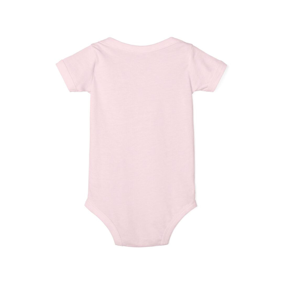 Pink baby onesie displayed from back.