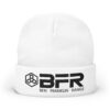 White beanie with BFR logo and text.