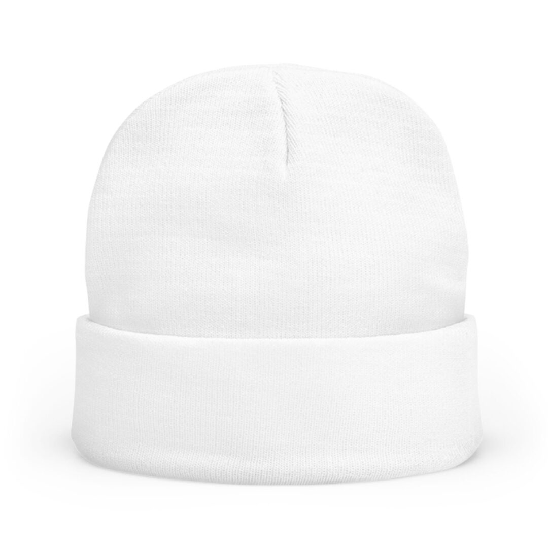 White knitted beanie hat on white background.