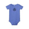 Blue baby onesie with hexagon logo.